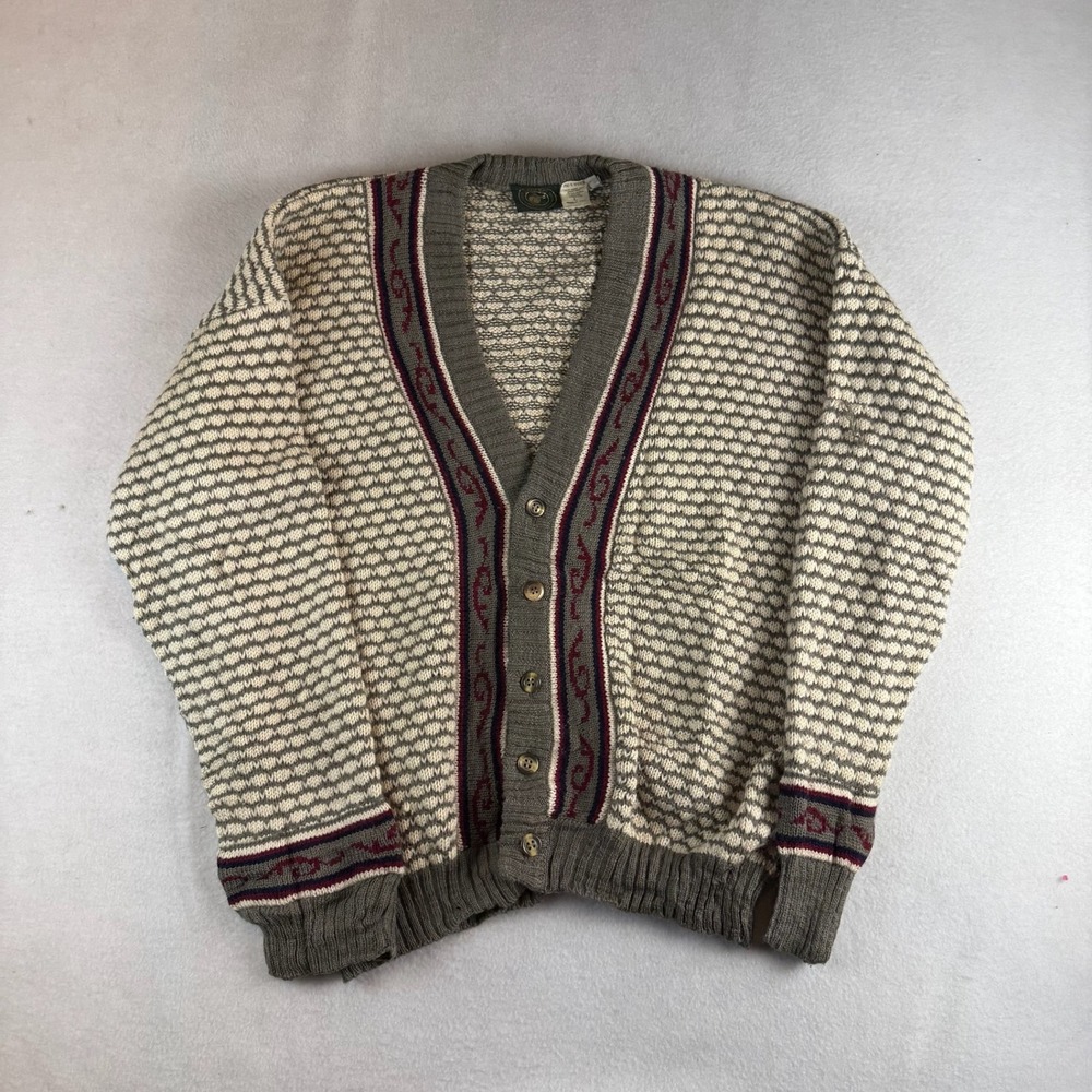 Vintage Saddles Mens 100% Wool Cardigan Sweater Large Cream Olive Green Pattern